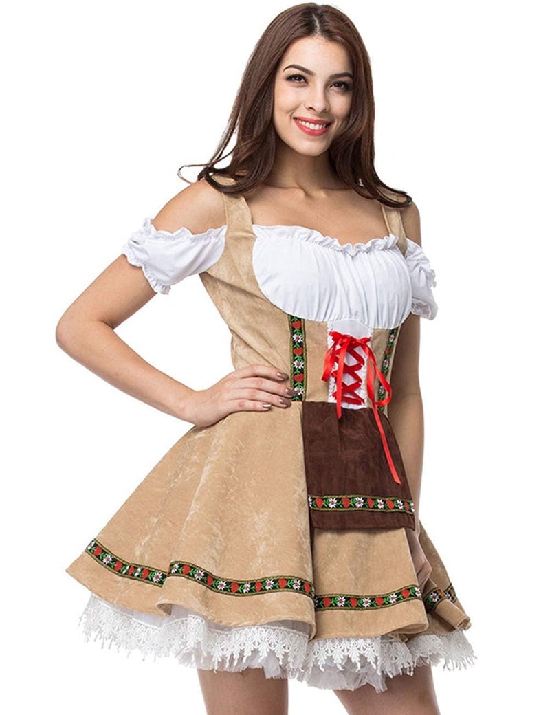 GRAJTCIN Oktoberfest Costumes Women Velvet German Bavarian Dirndl Dress Beer Maid Outfit for Halloween Carnival (L, Khaki) - Image 2